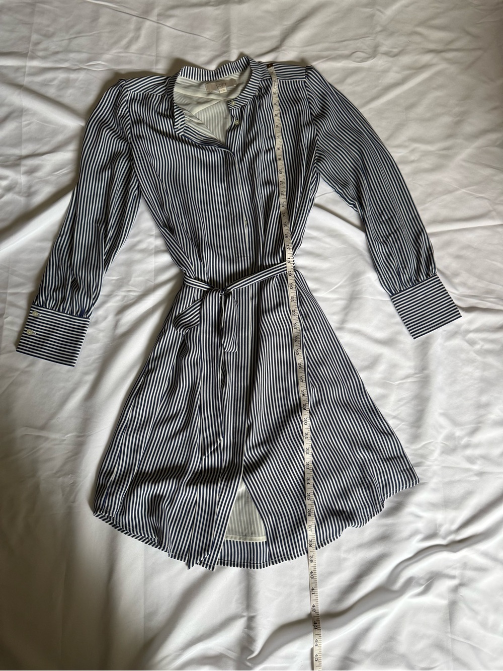 LOFT Navy & White Striped Tie-Waist Long Sleeve Dress - Picture 3 of 4